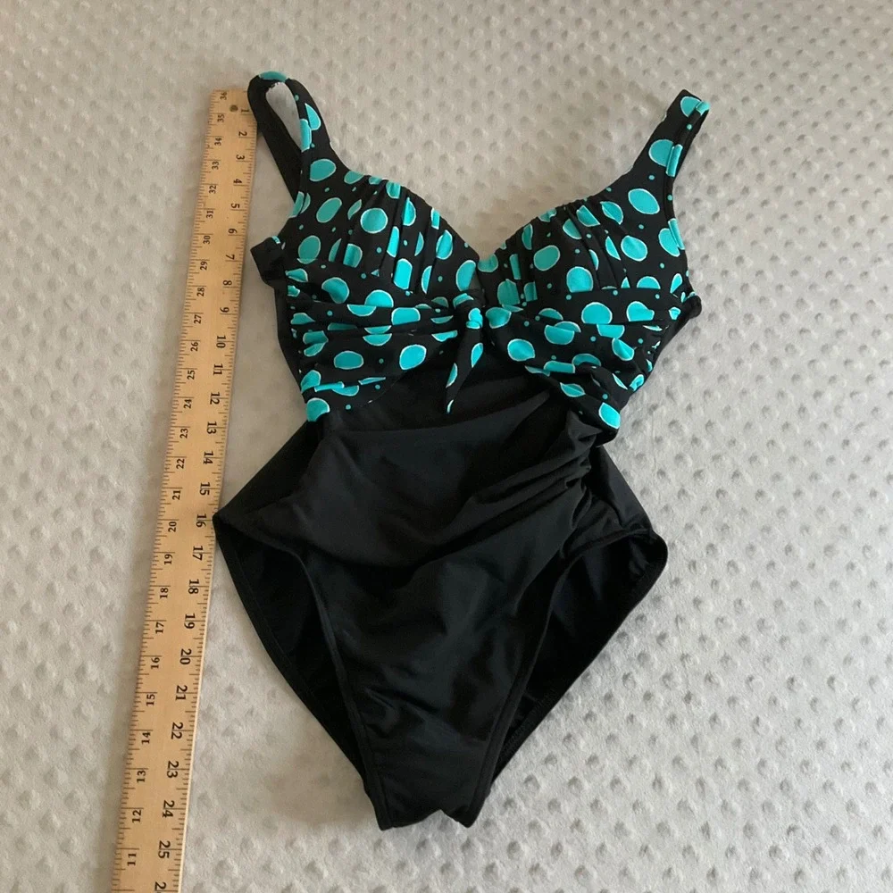 Miraclesuit One Piece Swimsuit Women 12 Black Teal Polka Dot Tummy Control